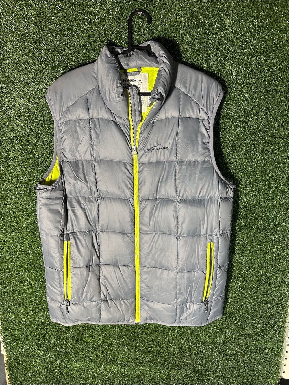 Eddie Bauer Gray Puffer Vest with Neon Yellow Accents